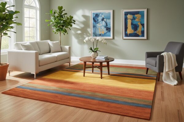 Multicolor handmade wool contemporary stripe gabbeh area rug 10' x 14' 5 Multicolor striped gabbeh handmade wool area rug styled in a living room