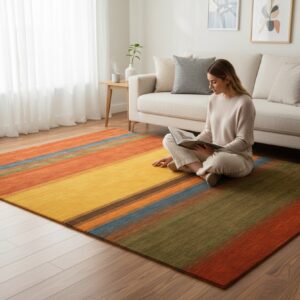Multicolor striped Gabbeh handmade wool area rug styled in a living room