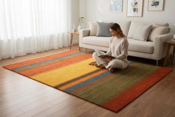 Multicolor handmade wool contemporary stripe gabbeh area rug 10' x 14' 6 Multicolor striped gabbeh handmade wool area rug styled in a living room