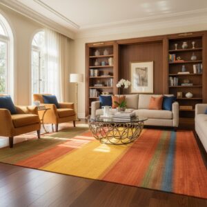Multicolor striped Gabbeh handmade wool area rug styled in a living room