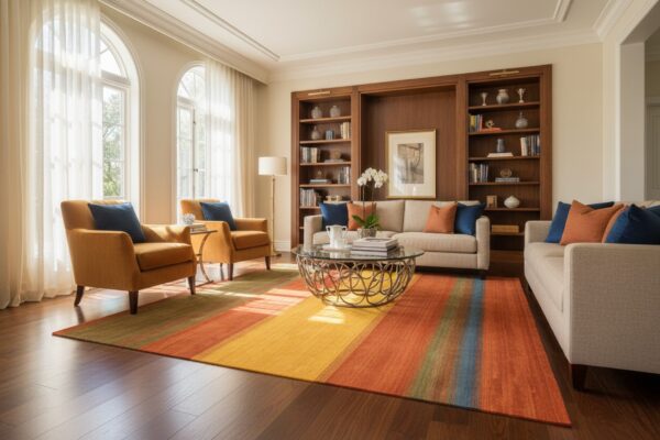 Multicolor handmade wool contemporary stripe gabbeh area rug 10' x 14' 7 Multicolor striped gabbeh handmade wool area rug styled in a living room