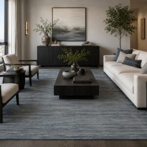 Blue contemporary transitional hand-loomed wool area rug styled in a modern living room