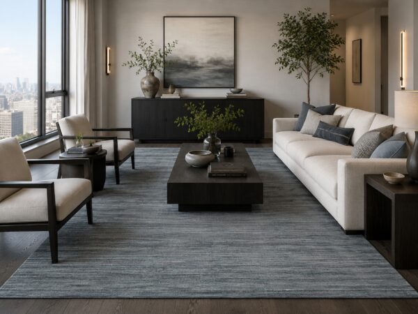 Blue contemporary transitional hand-loomed wool area rug styled in a modern living room