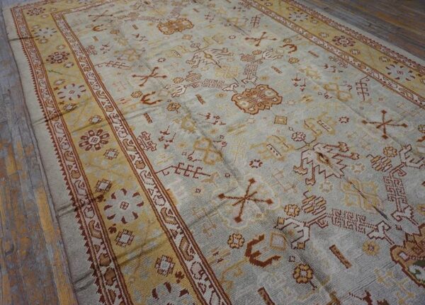 Magnificent white ivory color and superb geometric design antique turkish oushak rug 3 Magnificent white ivory color and superb geometric design antique turkish oushak rug - detail view 2