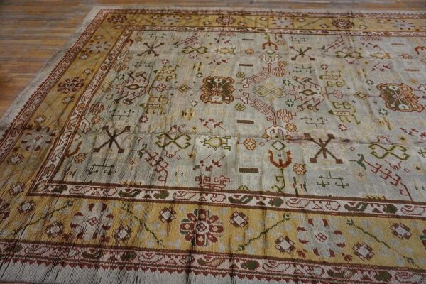 Magnificent white ivory color and superb geometric design antique turkish oushak rug 8 Magnificent white ivory color and superb geometric design antique turkish oushak rug - detail view 7