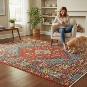 Red traditional medallion hand-knotted wool rug (KR105RD) styled in a room, showing the classic red medallion oriental design in a living space