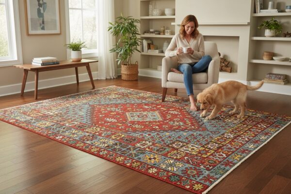 Mira traditional coral hand knotted wool geometric rug 7 Red traditional medallion hand-knotted wool rug (kr105rd) styled in a room, showing the classic red medallion oriental design in a living space