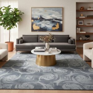 Gray and blue transitional bamboo silk and wool hand-knotted area rug