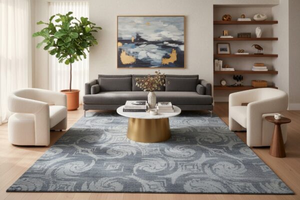 Comfortable nina gray and blue hand knotted wool & bamboo silk rug 6 Gray and blue transitional bamboo silk and wool hand-knotted area rug