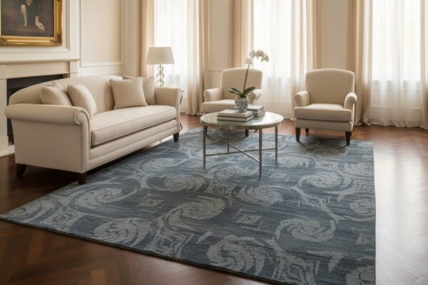Comfortable nina gray and blue hand knotted wool & bamboo silk rug 8 Gray and blue transitional bamboo silk and wool hand-knotted area rug