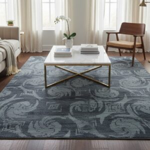 Gray and blue transitional bamboo silk and wool hand-knotted area rug