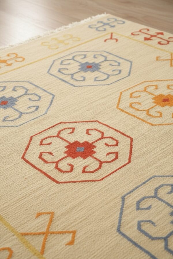 Harlow kilim ivory nan rug 6 Close-up detail of the osk1iv beige oriental kilim flat-woven wool rug