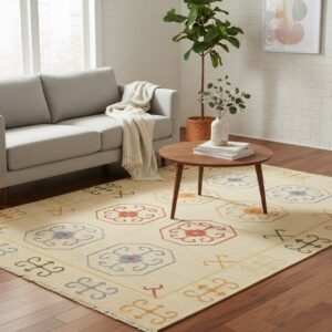 Beige oriental kilim flat-woven wool rug OSK1IV styled in a room setting