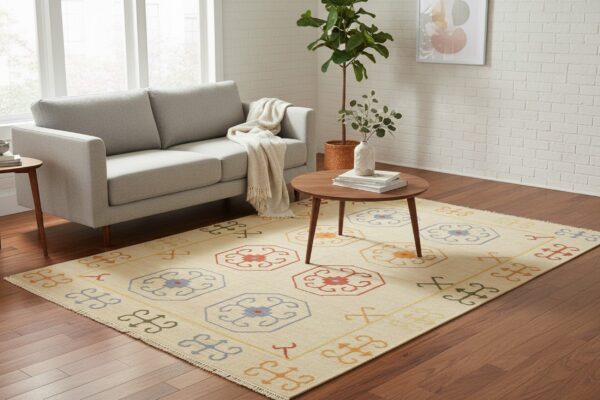 Harlow kilim ivory nan rug 8 Beige oriental kilim flat-woven wool rug osk1iv styled in a room setting