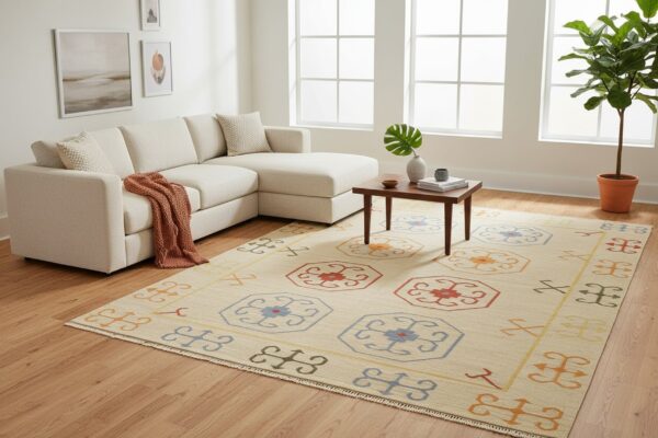 Harlow kilim ivory nan rug 9 Beige reversible kilim wool rug osk1iv shown in a styled interior