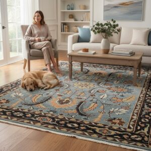 Gray and navy traditional hand-knotted wool rug KR110GY styled in a living room