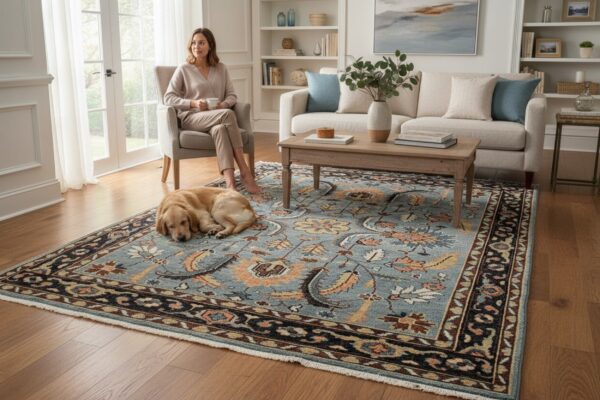 Ashford gray navy traditional hand knotted wool rug 6 Gray and navy traditional hand-knotted wool rug kr110gy styled in a living room