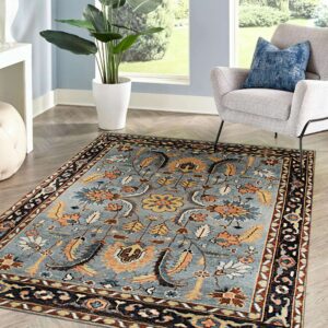 Gray and navy traditional hand-knotted wool rug KR110GY styled in a room setting