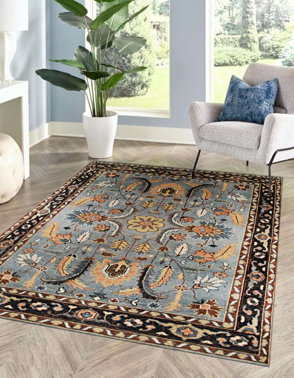 Ashford gray navy traditional hand knotted wool rug 5 Gray and navy traditional hand-knotted wool rug kr110gy styled in a room setting