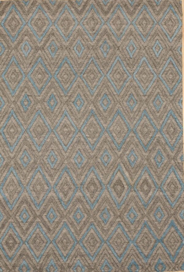 Timeless trellis gray hand knotted wool & viscose rug 5 Gray transitional trellis handmade wool and viscose area rug styled in a living room