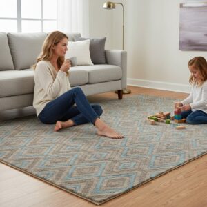 Gray transitional trellis handmade wool and viscose area rug styled in a living room