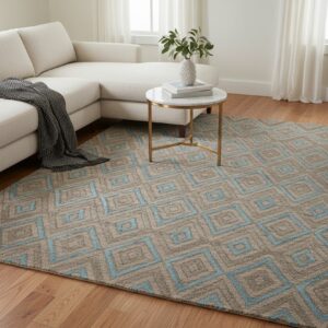 Gray transitional trellis handmade wool and viscose area rug styled in a living room