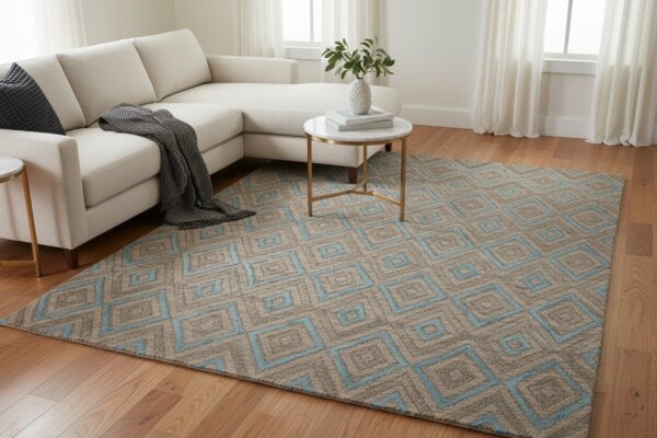 Timeless trellis gray hand knotted wool & viscose rug 7 Gray transitional trellis handmade wool and viscose area rug styled in a living room