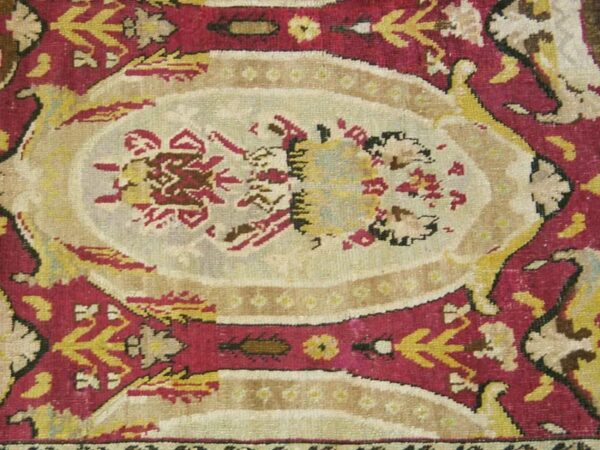 Remarkable red-ruby background color with black border and medallion/crest design antique caucasian karabagh rug 2 Remarkable red-ruby background color with black border and medallion/crest design antique caucasian karabagh rug - detail view 1