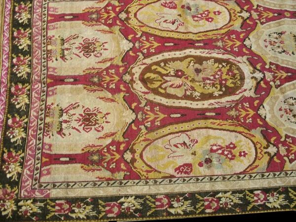 Remarkable red-ruby background color with black border and medallion/crest design antique caucasian karabagh rug 3 Remarkable red-ruby background color with black border and medallion/crest design antique caucasian karabagh rug - detail view 2