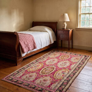 Antique Caucasian Rug 4'10 x 9'3 in a Connecticut farmhouse guest bedroom, styled visualization