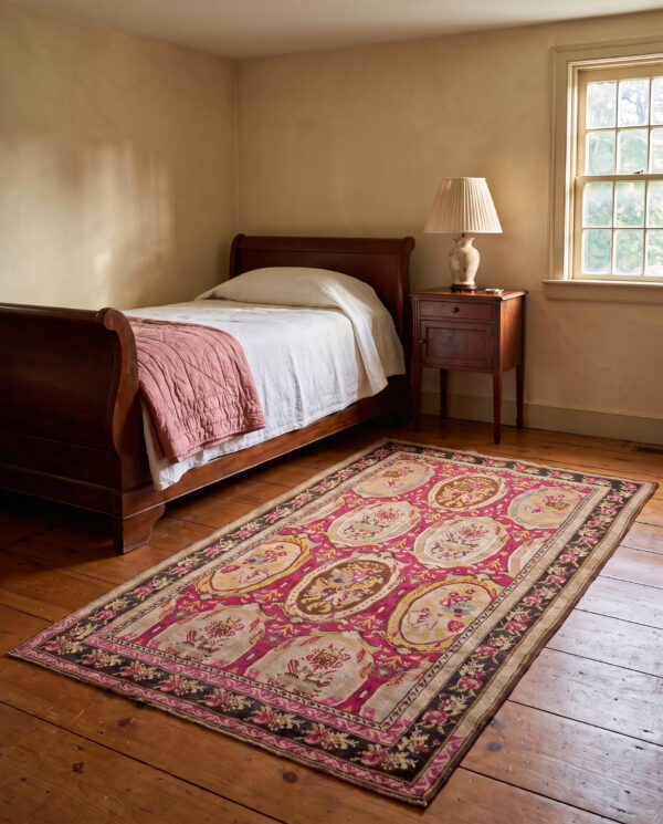 Remarkable red-ruby background color with black border and medallion/crest design antique caucasian karabagh rug 2 Antique caucasian rug 4'10 x 9'3 in a connecticut farmhouse guest bedroom, styled visualization