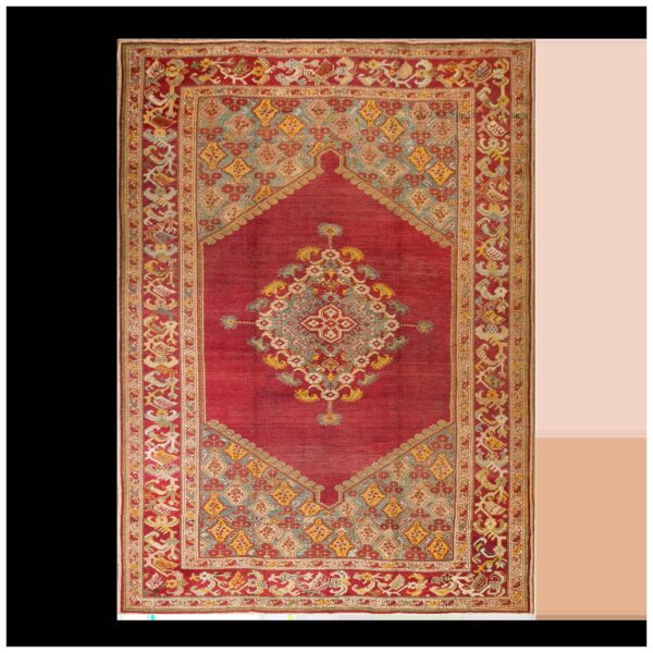 Spellbinding red-raspebery fiedl with delicate medallion pattern antique turkish ghiordes oushak rug 1 Spellbinding red-raspebery fiedl with delicate medallion pattern antique turkish ghiordes oushak rug