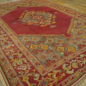 Spellbinding Red-Raspebery Fiedl With Delicate Medallion Pattern Antique Turkish Ghiordes Oushak Rug - detail view 1