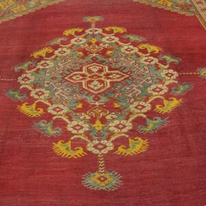 Spellbinding Red-Raspebery Fiedl With Delicate Medallion Pattern Antique Turkish Ghiordes Oushak Rug - detail view 2