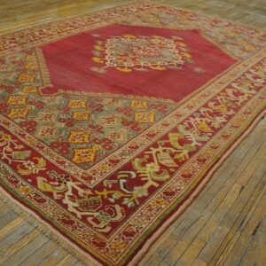 Spellbinding Red-Raspebery Fiedl With Delicate Medallion Pattern Antique Turkish Ghiordes Oushak Rug - detail view 5