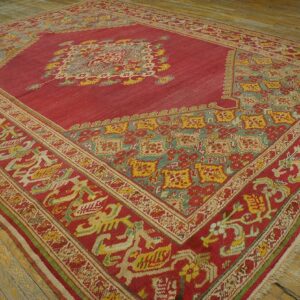 Spellbinding Red-Raspebery Fiedl With Delicate Medallion Pattern Antique Turkish Ghiordes Oushak Rug - detail view 6