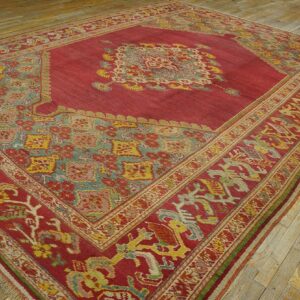 Spellbinding Red-Raspebery Fiedl With Delicate Medallion Pattern Antique Turkish Ghiordes Oushak Rug - detail view 7