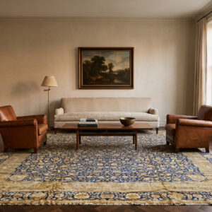 Antique Indian Lahore Rug 12'0 x 15'3 in a prewar Riverside Drive living room, styled visualization