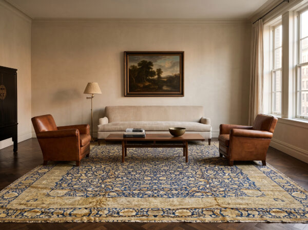 Traditional and classic floral navy background color antique indian lahore rug 2 Antique indian lahore rug 12'0 x 15'3 in a prewar riverside drive living room, styled visualization