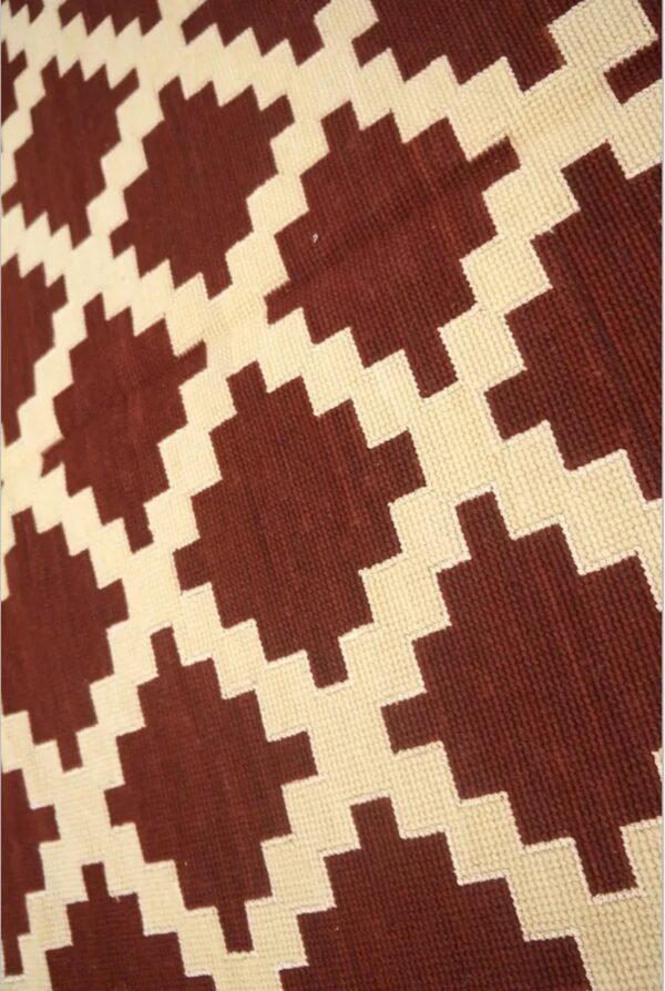 Warm reddish brown modern contemporary geometric trellis pattern handwoven wool needlepoint flat weave kilim carpet with silk highlight 2 Warm reddish brown modern contemporary geometric trellis pattern handwoven wool needlepoint flat weave kilim carpet with silk highlight - detail view 1