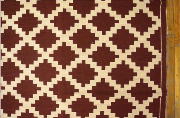 Warm reddish brown modern contemporary geometric trellis pattern handwoven wool needlepoint flat weave kilim carpet with silk highlight 4 Warm reddish brown modern contemporary geometric trellis pattern handwoven wool needlepoint flat weave kilim carpet with silk highlight - detail view 3