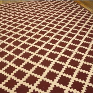 Warm Reddish Brown Modern Contemporary Geometric Trellis Pattern Handwoven Wool Needlepoint Flat Weave Kilim Carpet With Silk Highlight - detail view 4