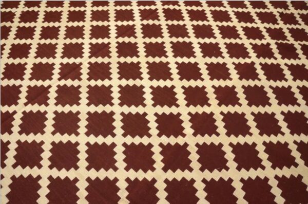 Warm reddish brown modern contemporary geometric trellis pattern handwoven wool needlepoint flat weave kilim carpet with silk highlight 6 Warm reddish brown modern contemporary geometric trellis pattern handwoven wool needlepoint flat weave kilim carpet with silk highlight - detail view 5