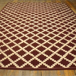 Warm Reddish Brown Modern Contemporary Geometric Trellis Pattern Handwoven Wool Needlepoint Flat Weave Kilim Carpet With Silk Highlight - detail view 6