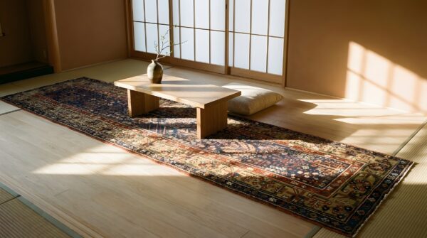 Antique 1850s blue geometric wool hand-knotted hallway runner rug 9 Antique 1850s blue geometric wool hand-knotted hallway runner rug (sku 25370) - room view