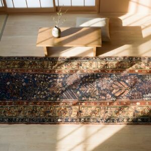 Antique 1850s Blue Geometric Wool Hand-Knotted Hallway Runner Rug (SKU 25370) - styled overhead view