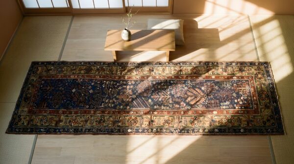 Antique 1850s blue geometric wool hand-knotted hallway runner rug 2 Antique 1850s blue geometric wool hand-knotted hallway runner rug (sku 25370) - styled overhead view