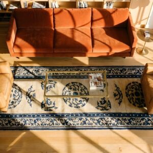 Antique 1850s Chinese Ningxia Wool Hallway Runner Rug (SKU 25813) - styled overhead view