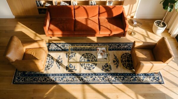 Antique 1850s chinese ningxia wool hallway runner rug (sku 25813) - styled overhead view