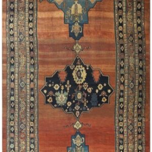 1860s Red Field Gallery Medallion Tortises Knotted Wool Antique Bijar Rug
